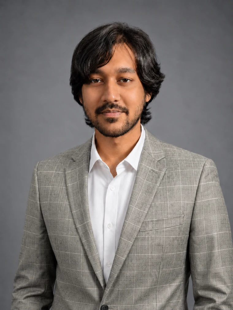 Mridul Haque wearing a grey suit against a neutral grey background